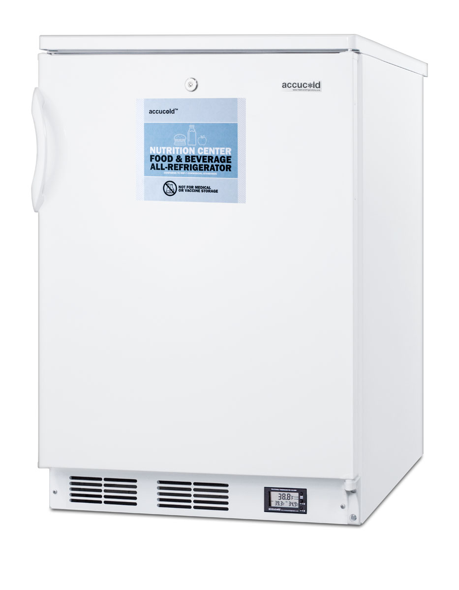 Commercially approved Nutrition Center series all-refrigerator in white for built-in or freestanding use, with front lock and digital temperature display
